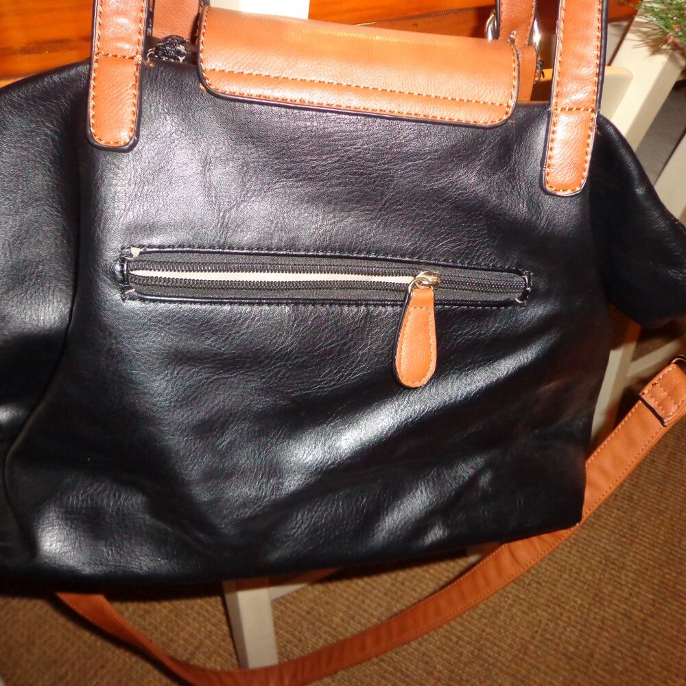 Kelly & Katie Satchel Bag Black/Tan Double Adj. Handle Straps Zip/Snap Closure - Picture 2 of 14